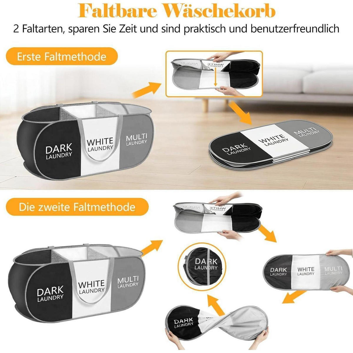 WÄSCHEKORB faltbar 3 Fächer 99L mit Griffen - Multicolor, Textil (35/35/80cm)