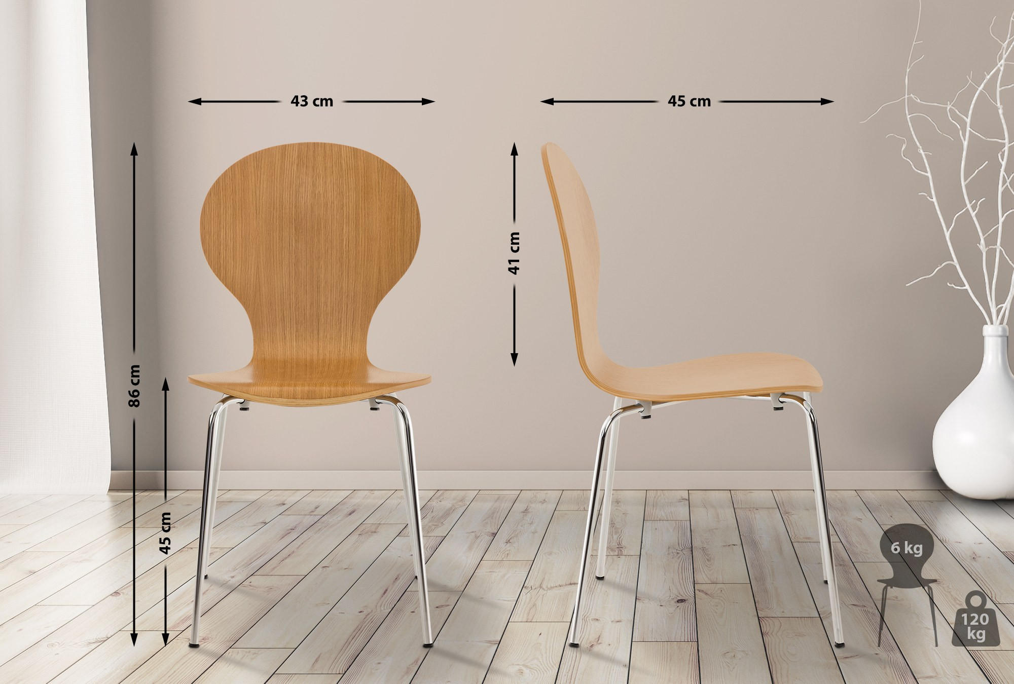 BESUCHERSTUHL 4er Set Holz eiche - Eichefarben, Holz/Metall (43/86/45cm) - CLP