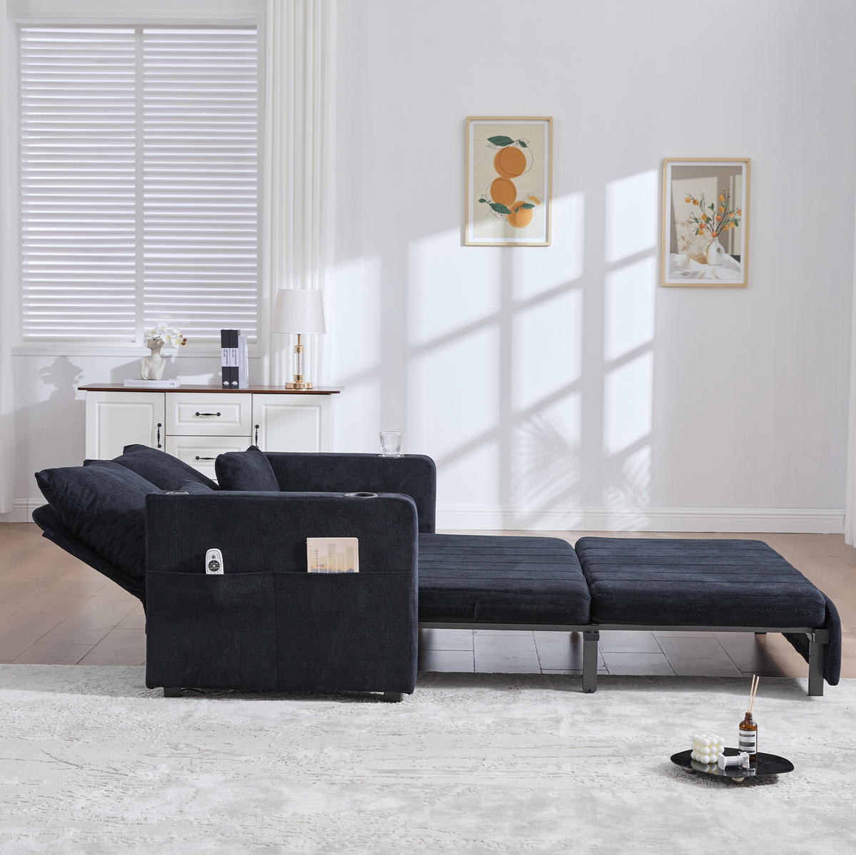 SOFA ausziehbar 139 x 83 x 58 cm Chenille Schwarz - Schwarz, Holzwerkstoff (139/83/73cm) - Meubliv