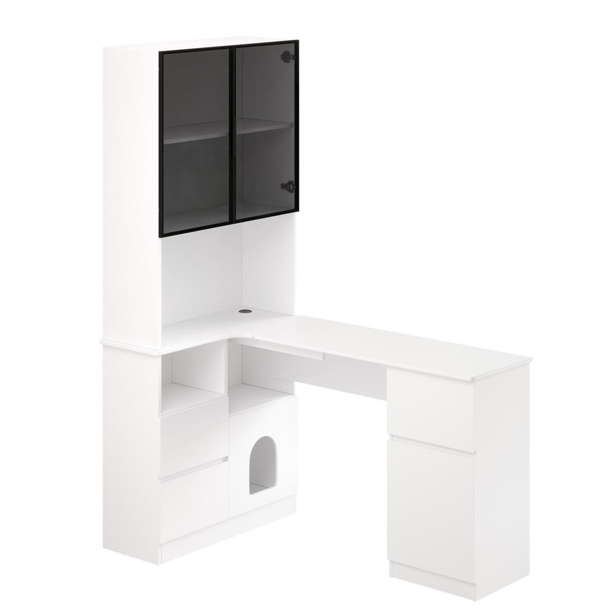 ROHOVÝ psací stůl z MDF 120x80x180 cm bílý s regálem, LED vitrínou, průchodkou na kabely a prostorem pro mazlíčka - bílá, kompozitní dřevo (120/180/80cm) - Modfu