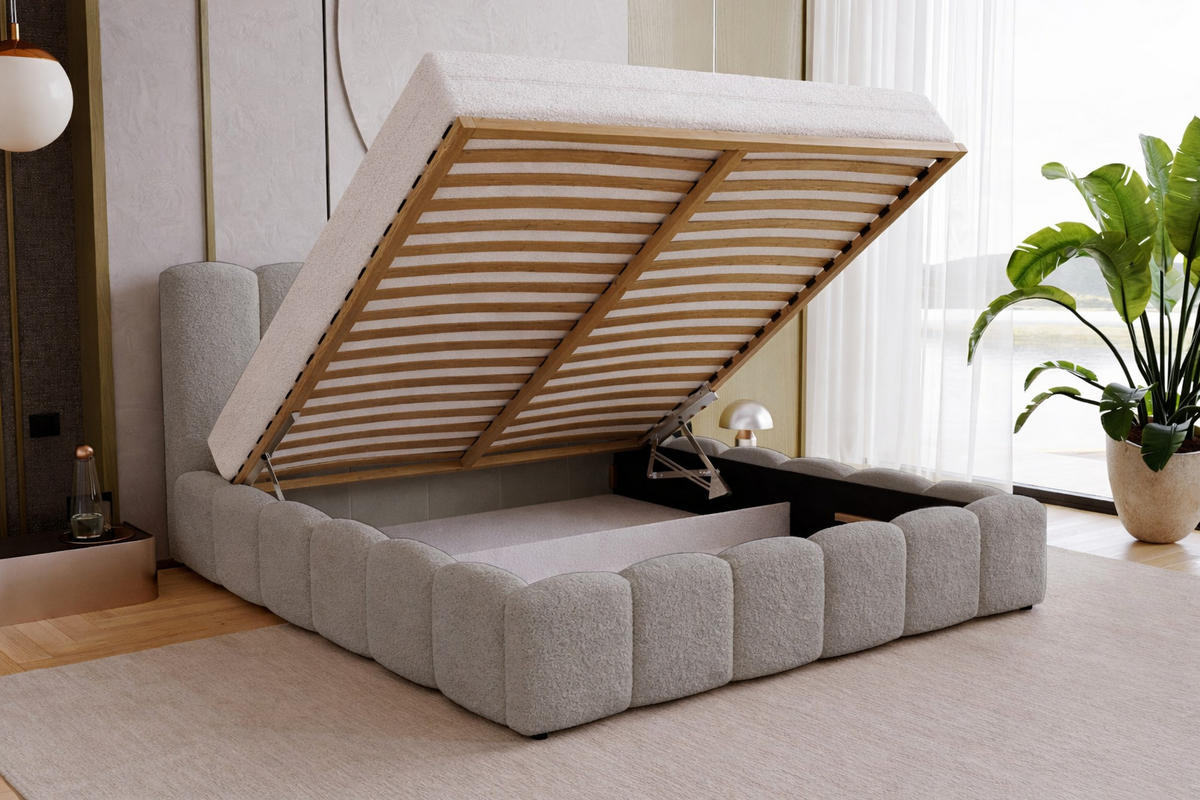 DOPPELBETT 180x200 Florent, Bettkasten, Boucle, Hellgrau - Hellgrau, Holz/Textil (180/200cm) - Emporius