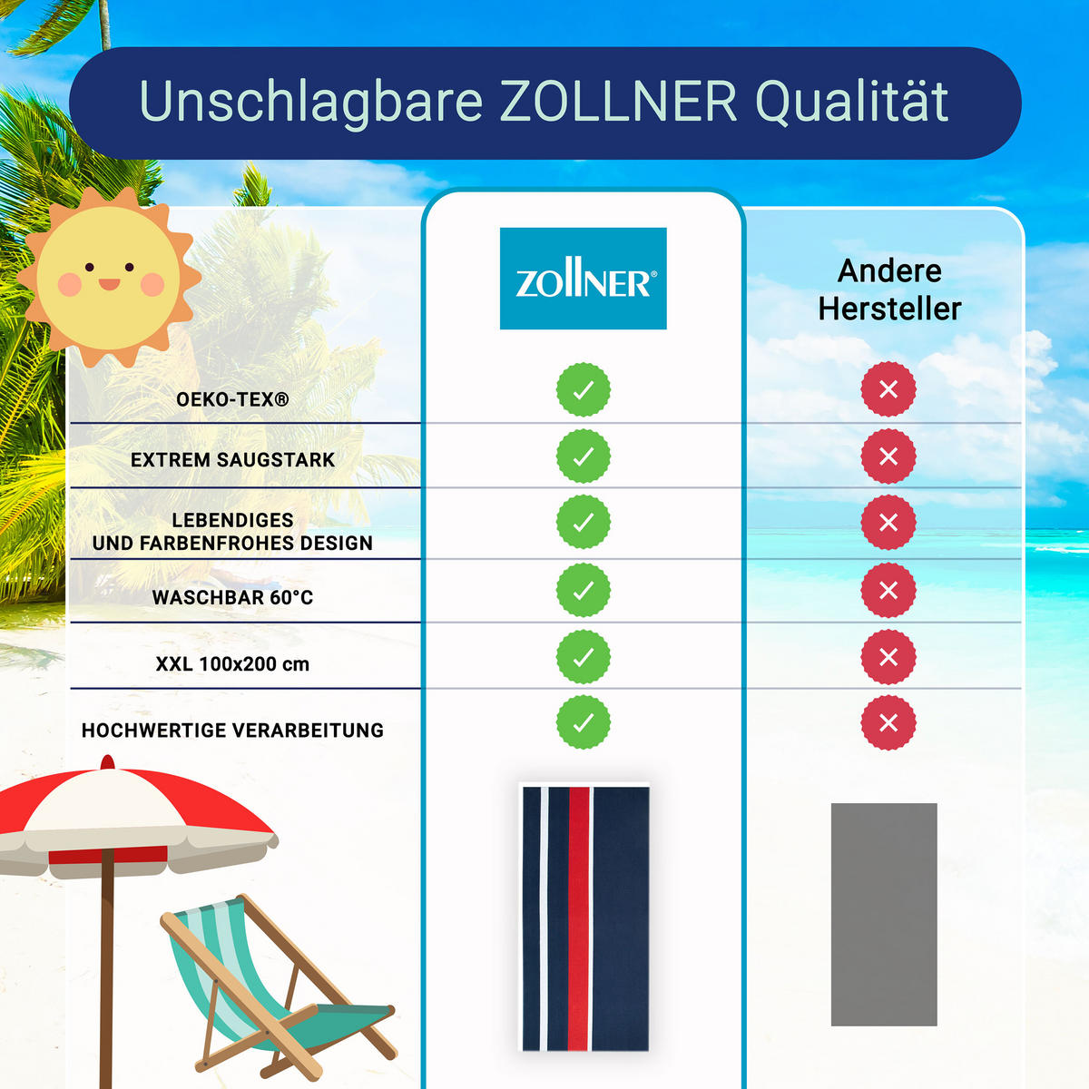 STRANDTUCH, 100x200 cm, 100% Baumwolle, bunt - Multicolor, Textil (100/200cm) - Zollner