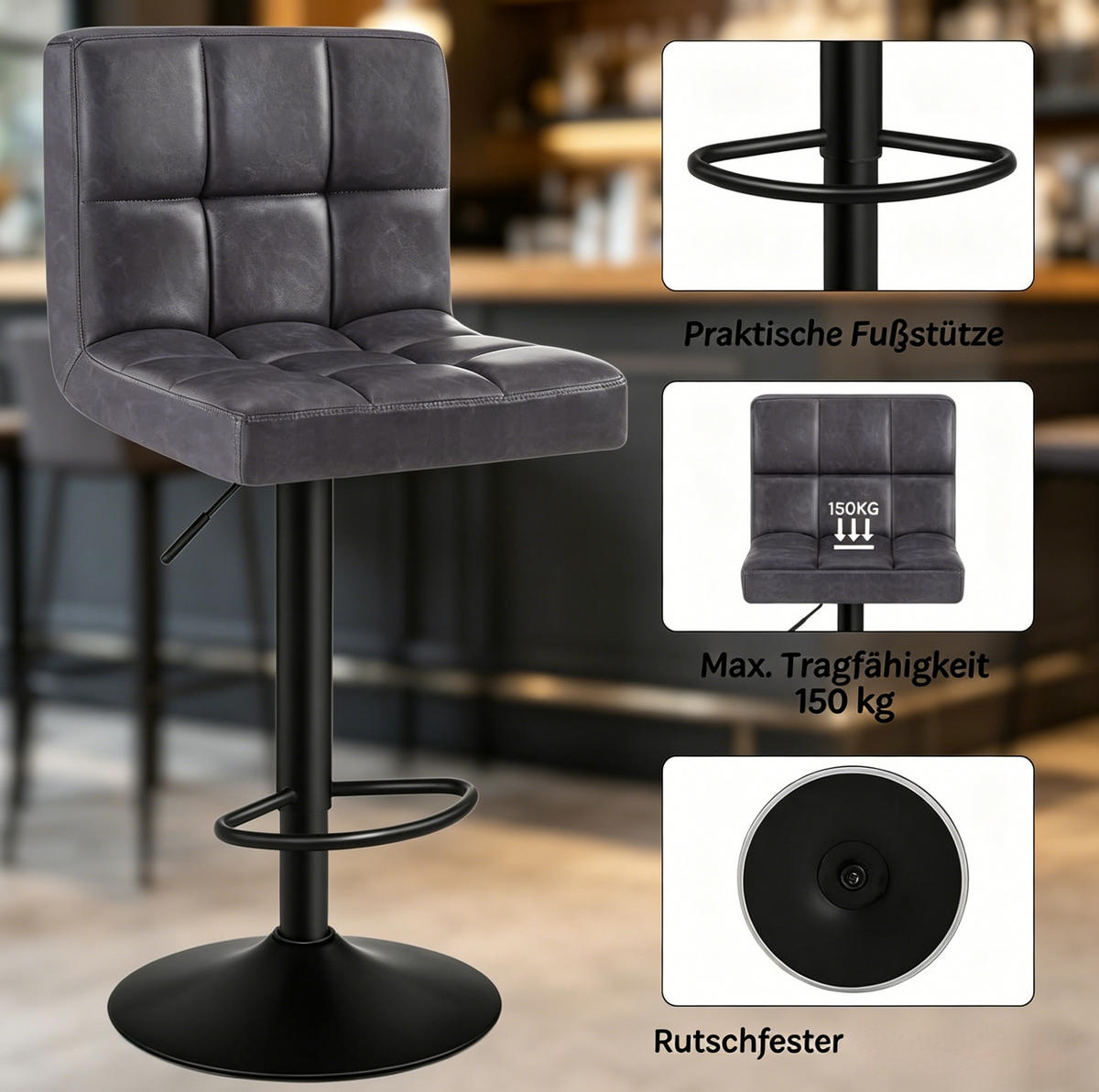 BARHOCKER drehbar höhenverstellbar 60-82 cm Kunstleder Anthrazit - Braun, Metall (44/114/38cm) - Meubliv