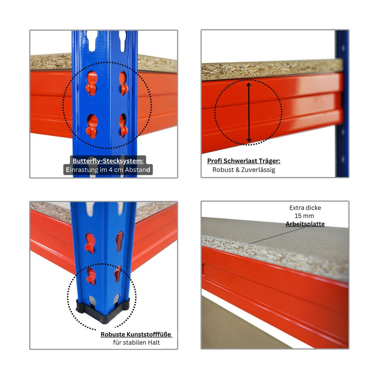 SCHWERLASTREGAL Bison 200x180x60 cm 4 Spanplatten-Ebenen 16mm Fachlast 600 kg Blau-Orange - Blau, Metall (180/200/60cm) - PROREGAL