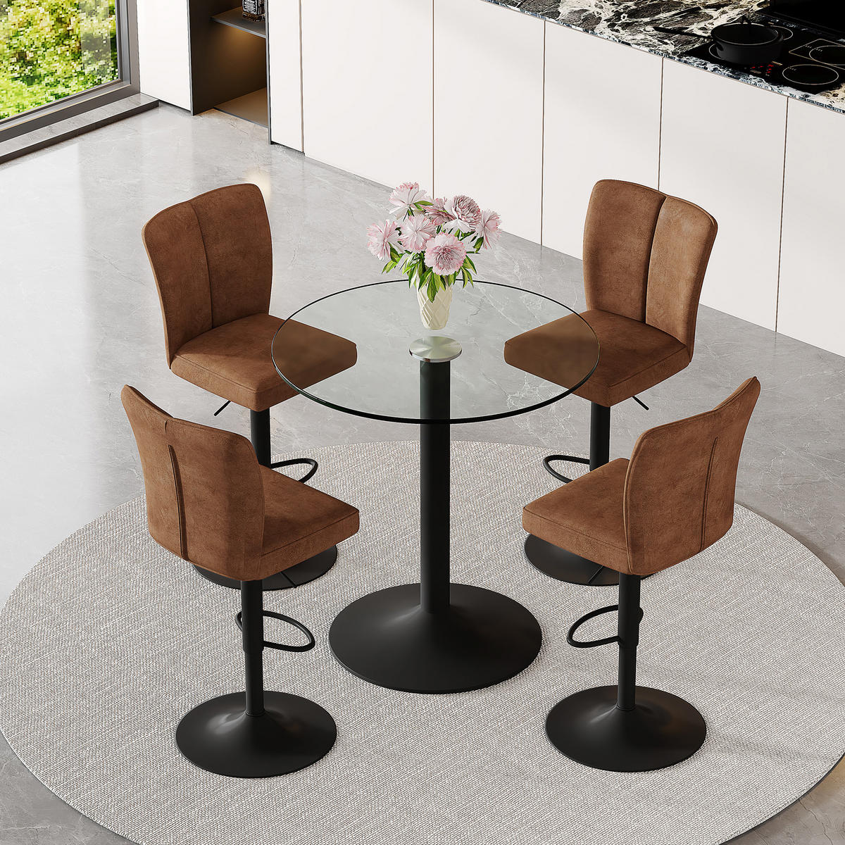 BARTISCH-SET DE-39423 5-teilig, Glastisch und 4 Hocker Braun - Braun, Metall (89/60/92cm) - ComfortXL