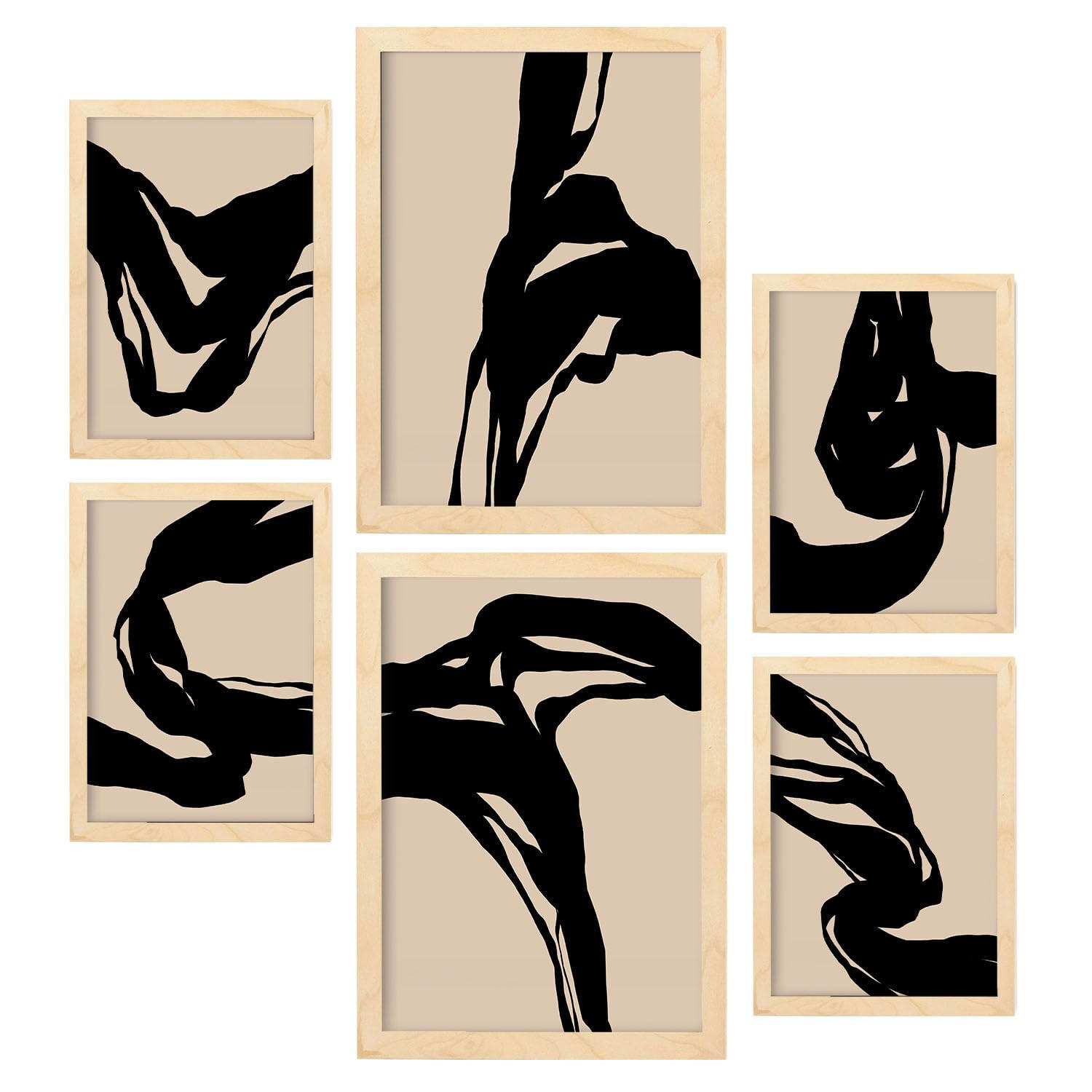 POSTER Set Mit 6 Kraftvoll In Abstrakter Form Ästhetische Dekorative Gemälde Für Ihr Wohnzimmer Oder Zuhause A3 & A4 Rahmen Aus Hellem Holz - Beige, Papier (29/3cm) - Nacnic