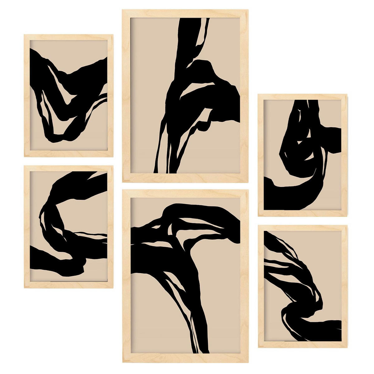 POSTER Set Mit 6 Kraftvoll In Abstrakter Form Ästhetische Dekorative Gemälde Für Ihr Wohnzimmer Oder Zuhause A3 & A4 Rahmen Aus Hellem Holz - Beige, Papier (29/3cm) - Nacnic