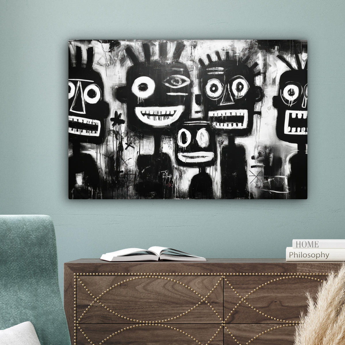 LEINWANDBILD Malerei - Figuren - Schwarz - Abstrakt Wanddeko 90x60 cm - Schwarz, Textil (90/60cm) - MuchoWow