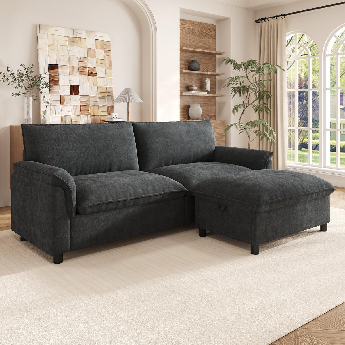 SOFA Schwarz U-Form Cloud Modular Deep Seat 216cm Hocker - Schwarz, Textil (77/82/216cm) - FLIEKS