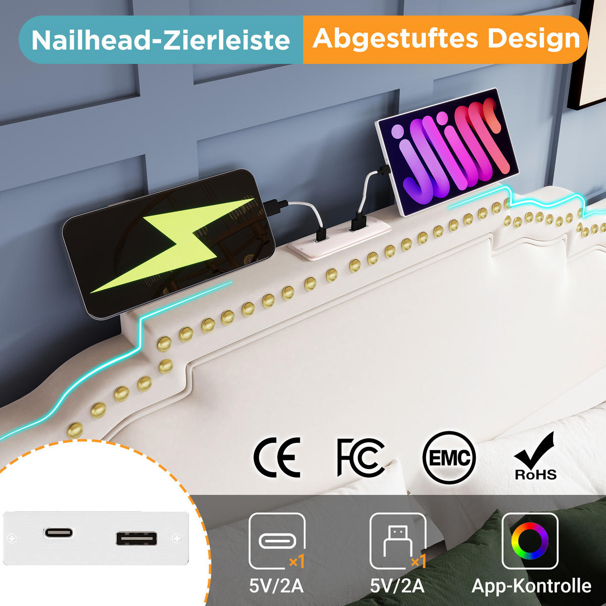 POLSTERBETT 140/200 cm mit hydraulischem Bettkasten, LED & USB/USB‑C, Samt Beige - Beige, Textil (140/200cm) - Redom