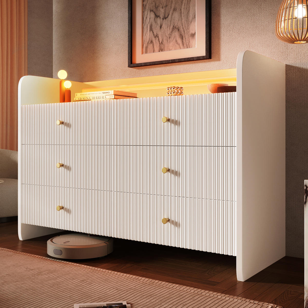 SIDEBOARD 120/40/75 cm in Weiß mit 6 Schubladen und LED-Beleuchtung - Weiß, Holzwerkstoff (120/75/40cm) - Flora Grace