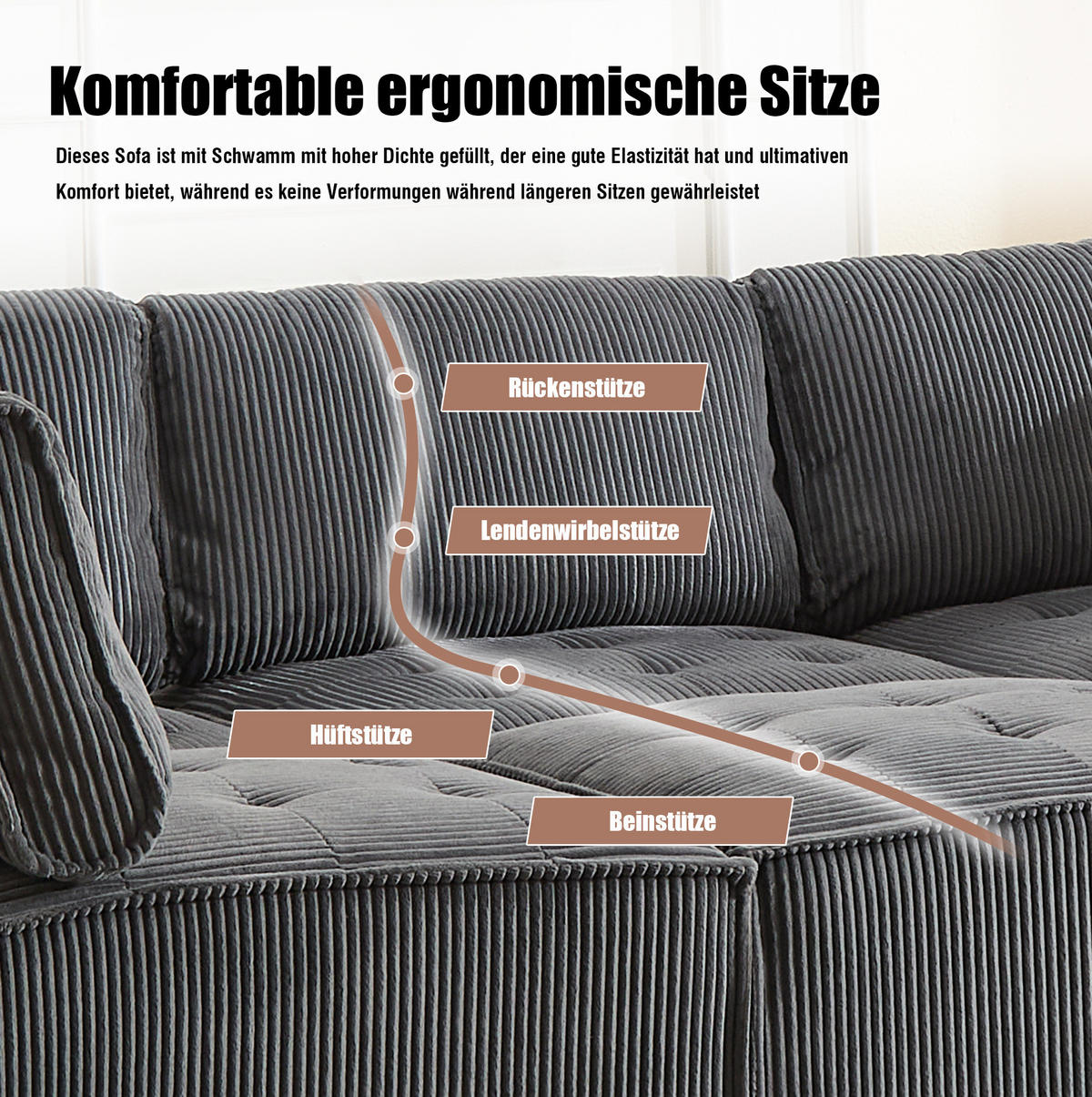 MODULARES 6-Sitzer Sofa Cord flexibel als U-/L-Form und Eckschlafsofa Grau 308/154/82 cm - Grau, Textil (154/308cm) - Redom