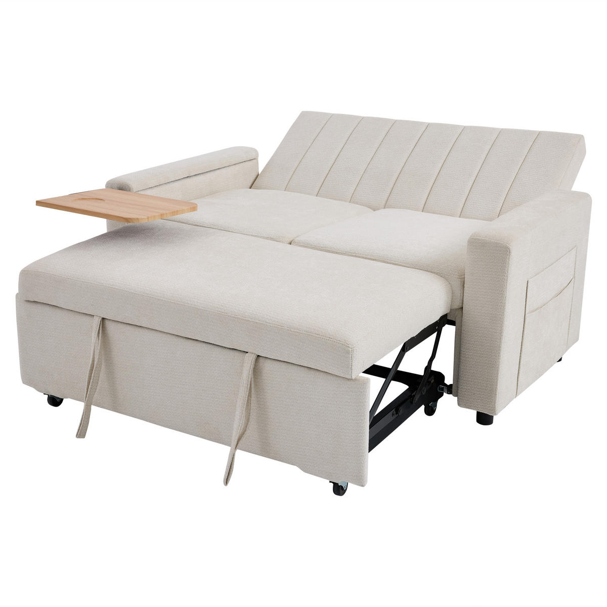 SCHLAFSOFA 140/84.5/84 cm Beige mit Klapptablett, USB & Type-C Ladeanschluss, Seitentaschen und Rollen - Beige, Textil (140/84/84.5cm) - Oxeza