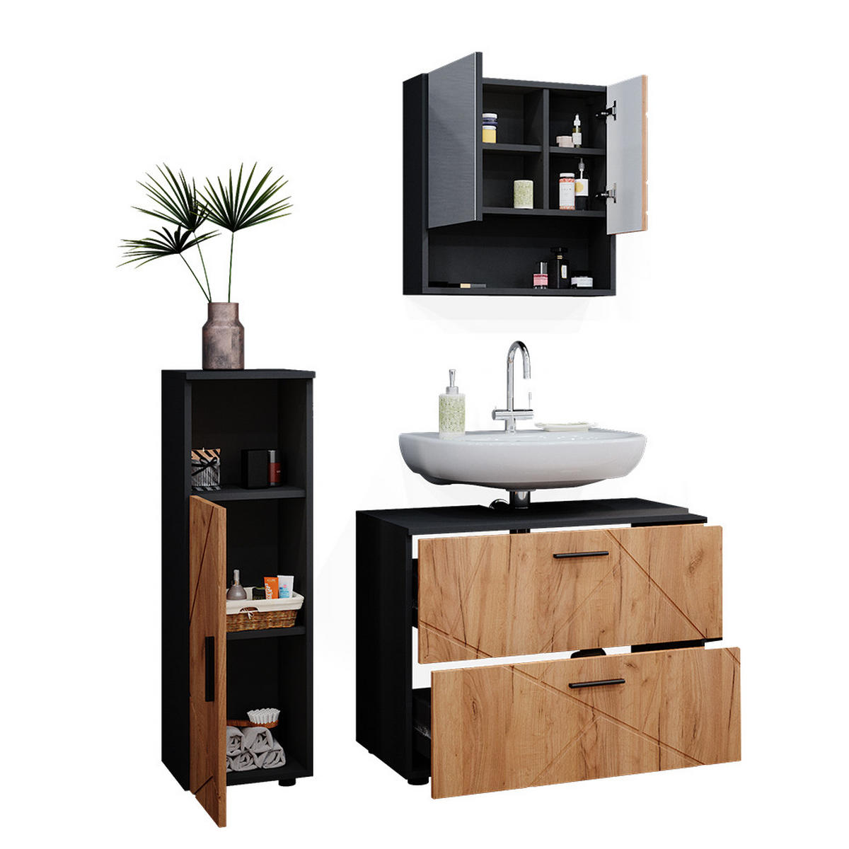 BADMÖBEL-SET Irma Goldkraft Eiche/Anthrazit 3 Teile, mit Midischrank - Honigeiche/Anthrazit, Holzwerkstoff (80/58.6/41cm) - Vicco