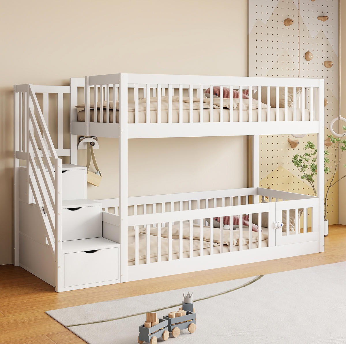 ETAGENBETT 90/200 cm mit Stauraumtreppe, Schubladen und Spielbereich, Weiß - Weiß, Holzwerkstoff (90/200cm) - Redom