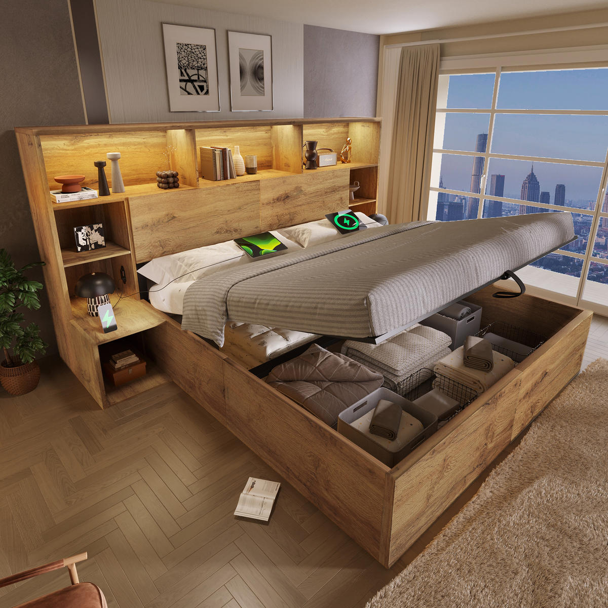 BETT 160/200 cm in Eiche mit Stauraum, LED und USB - Eichefarben, Holzwerkstoff/Textil (160/200cm) - WISHDOR