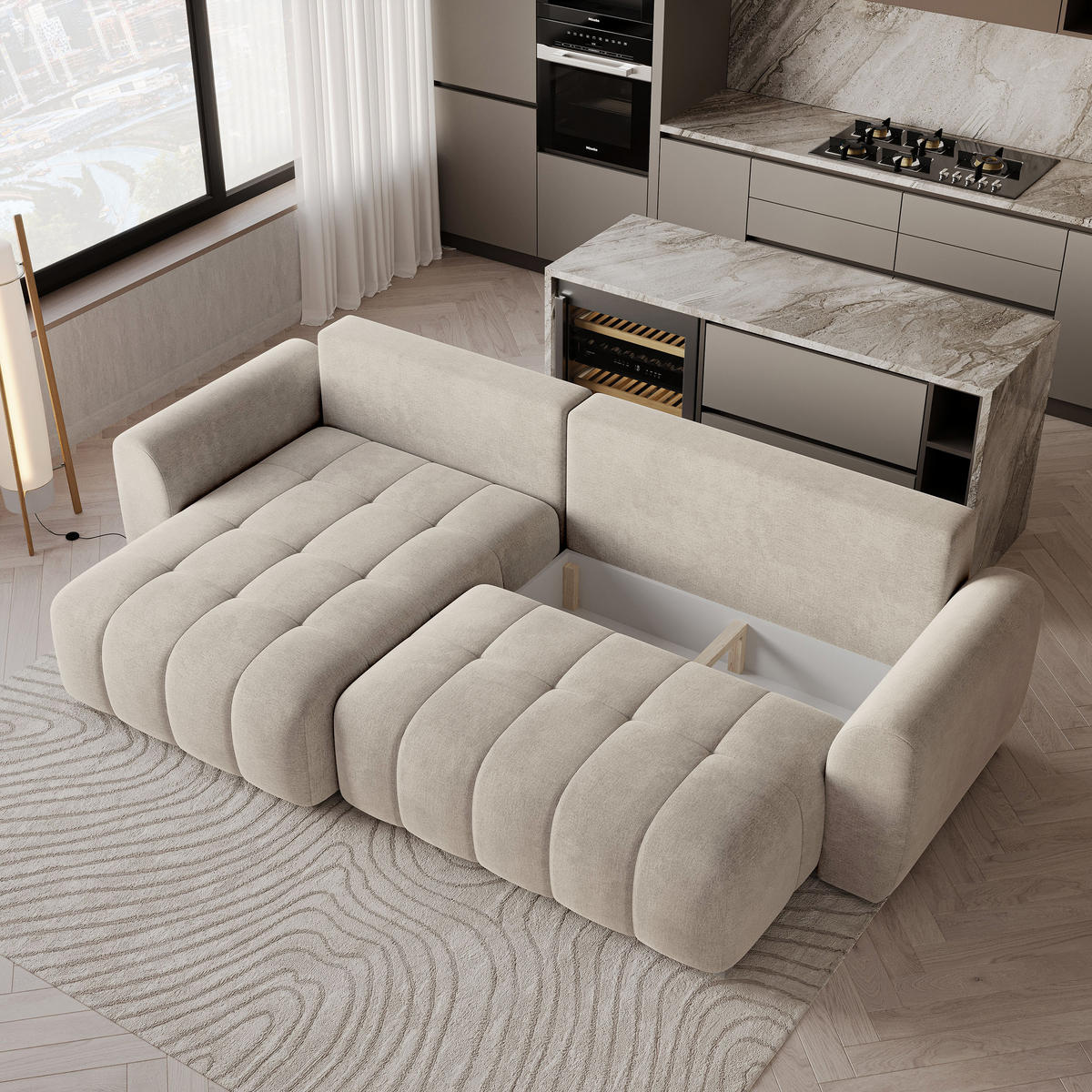 ECKSOFA MODARO CL Creme Samtstoff mit Schlaffunktion - Creme, Holzwerkstoff/Textil (285/148cm) - MASSENO