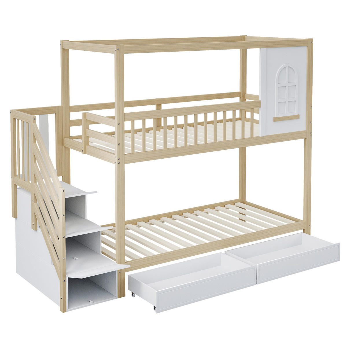 ETAGENBETT 90/200 cm aus Holz mit Leiter, Fenstern und Schubladen Natur - Naturfarben, Holz (90/200cm) - Modenvie