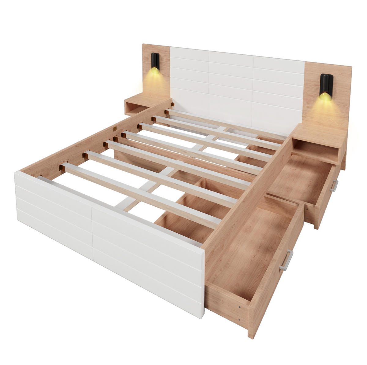 POSTEL 160×200 cm bílá/dub, masivní dřevo a MDF, s LED lampičkou, USB a úložným prostorem - bílá, kompozitní dřevo (160/200cm) - BEAOK