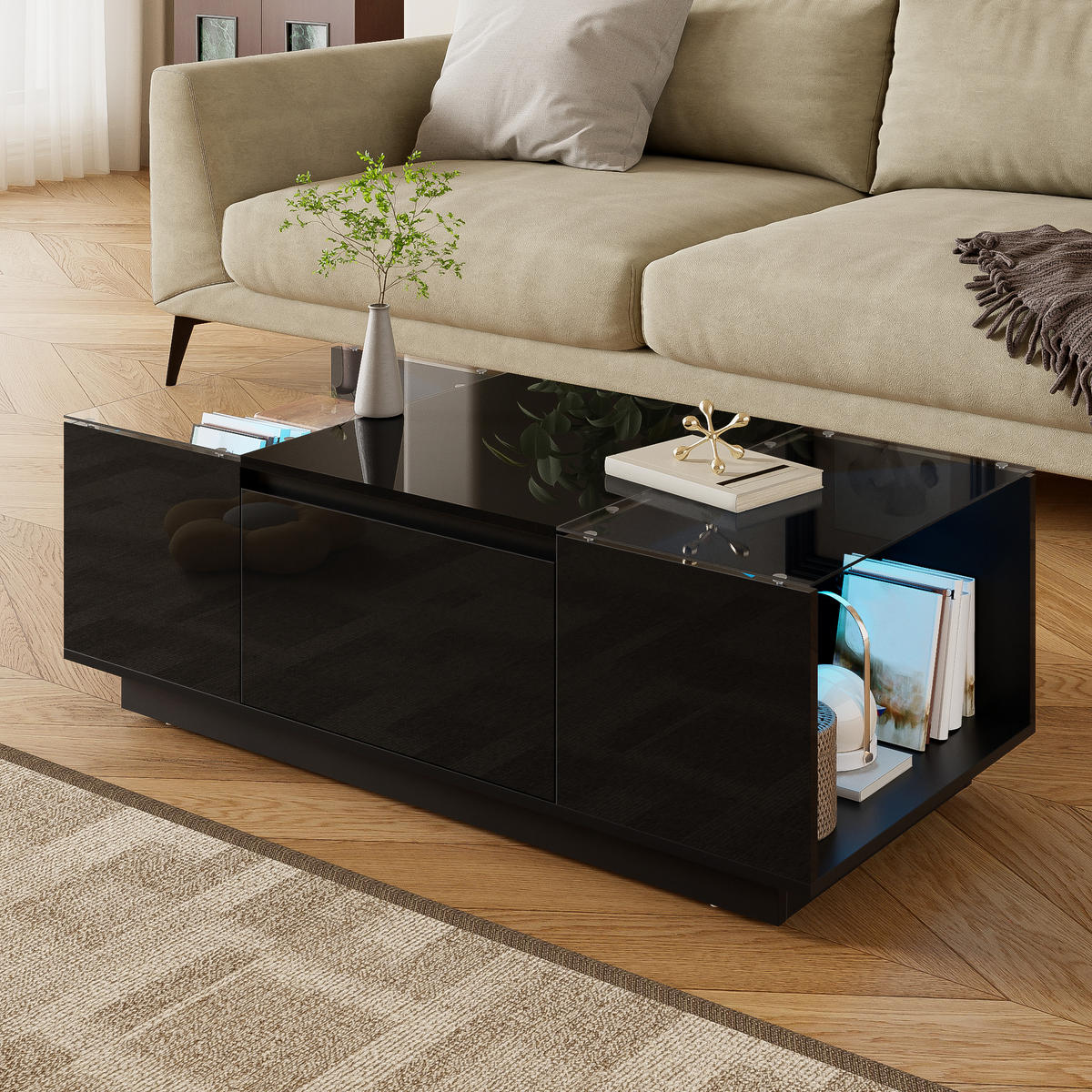 COUCHTISCH 105 cm mit LED-Beleuchtung, Glasplatte und 2 Schubladen - Schwarz, Holzwerkstoff (105/50/35cm) - Korfee