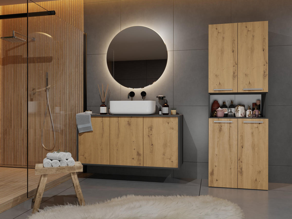 BAD Hochschrank Billy - Anthrazit/Eiche Artisan, Holzwerkstoff (60/174/30cm) - kommodly