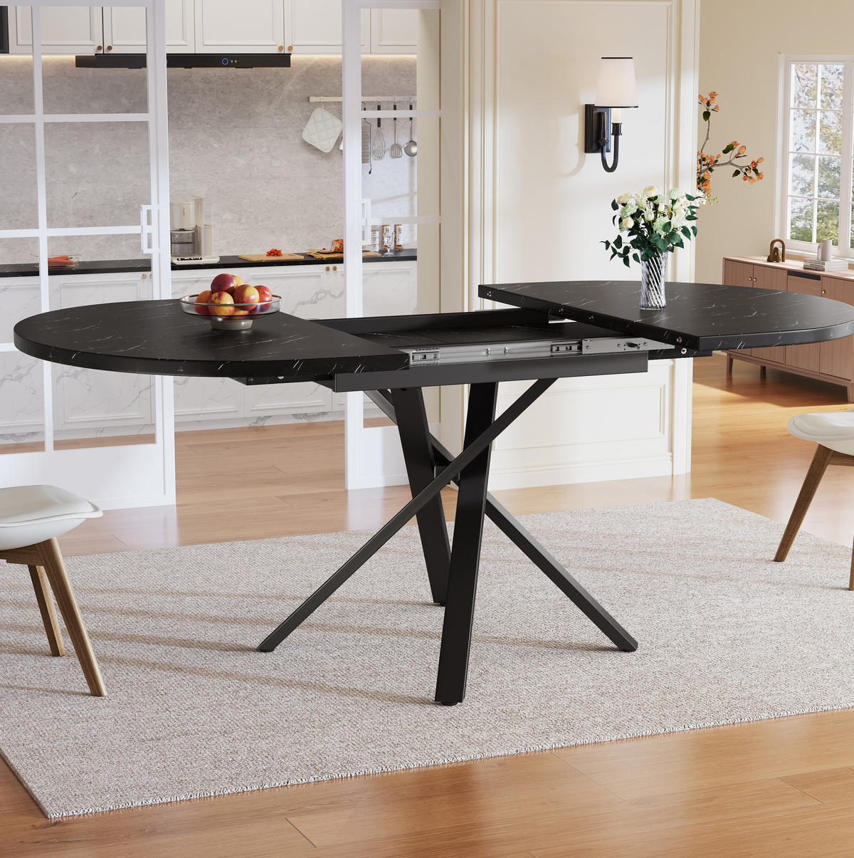ESSTISCH 100-140x76 cm in Schwarz aus MDF mit Marmoroptik auf X-Gestell ausziehbar - Schwarz, Holzwerkstoff (100/140/75.5cm) - Modfu