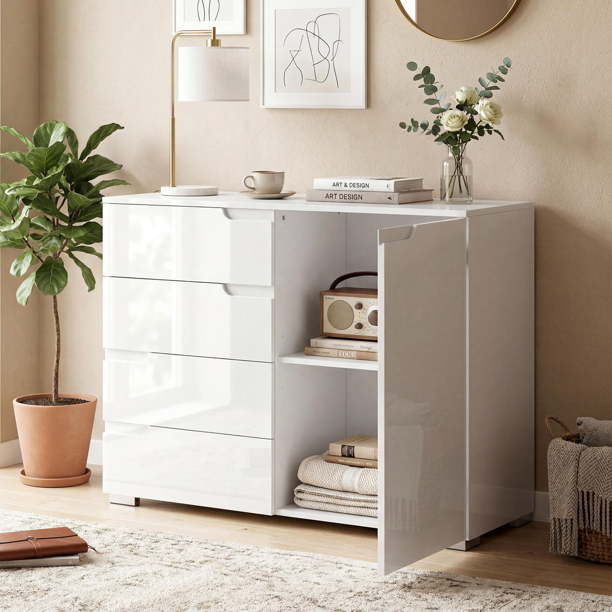 SIDEBOARD Weiß Hochglanz, 4 Schubladen, 1 Tür, 100/40/80 cm - Weiß Hochglanz, Holz (100/80/40cm) - PANGIVO