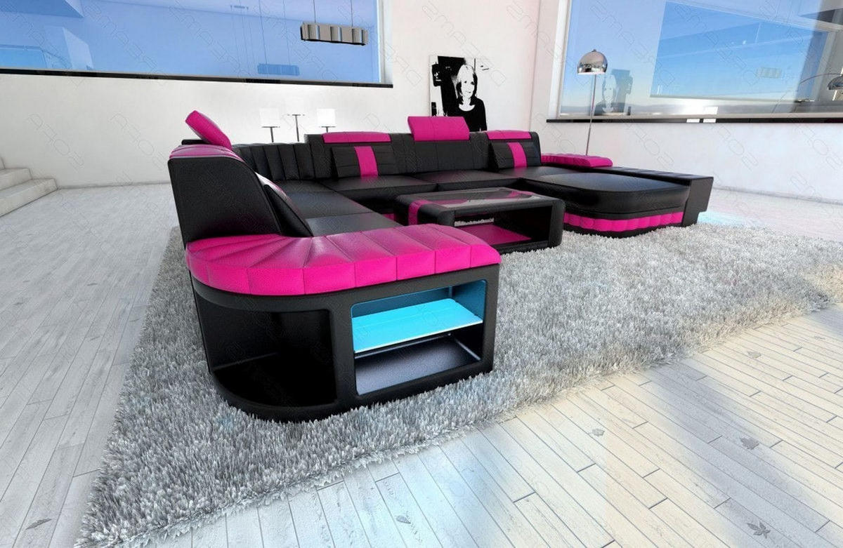 WOHNLANDSCHAFT Bellagio Schwarz Pink Büffelleder - Schwarz, Leder (362/80/287cm)