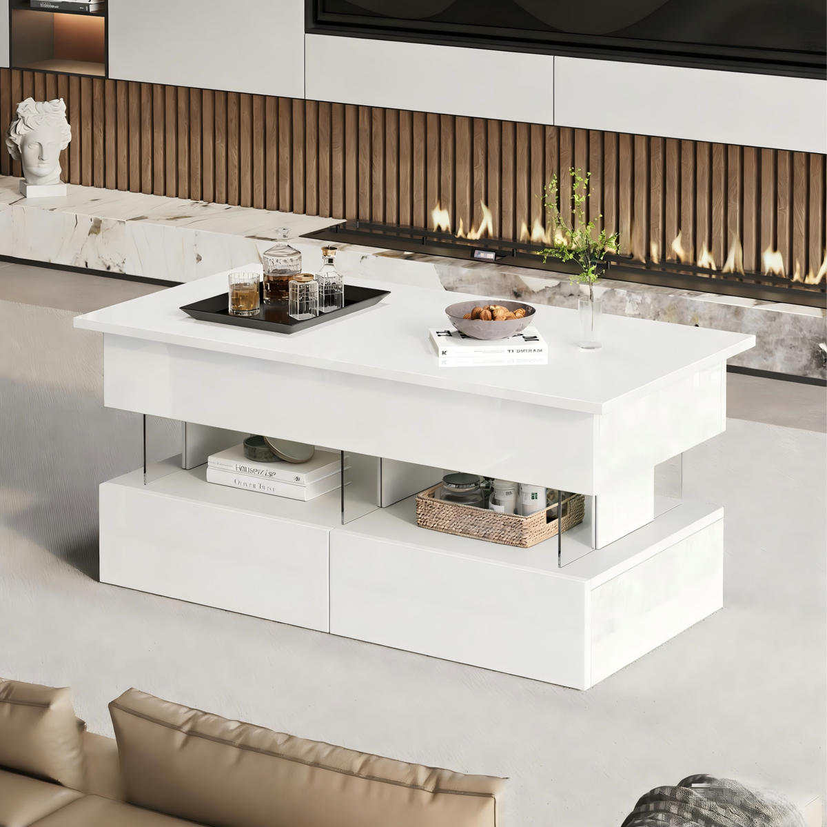 COUCHTISCH 100/50/46 cm weiß aus MDF mit Hubfunktion und LED - Weiß, Holzwerkstoff (100/50/46cm) - OKMYHOME