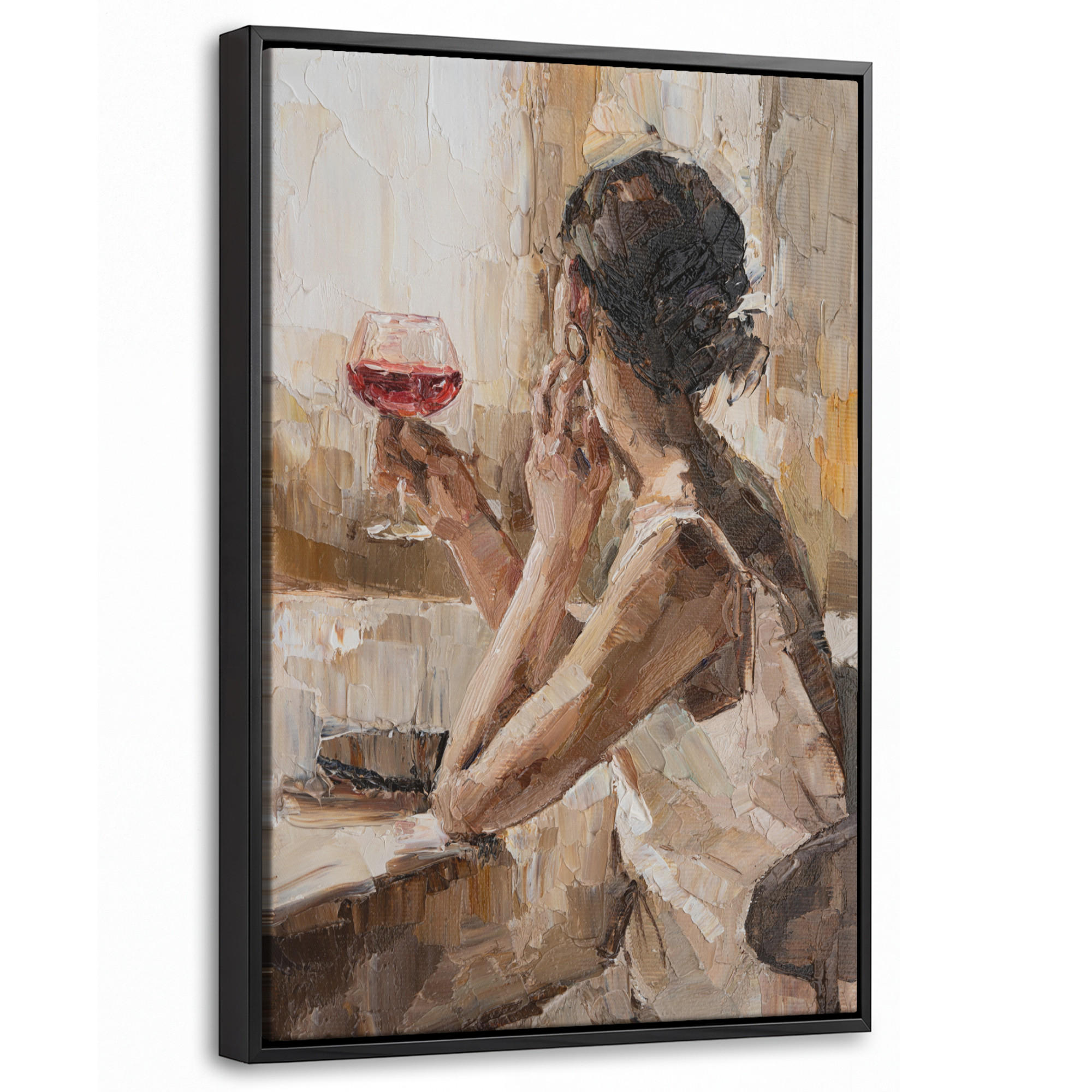 LEINWAND Bilder mit Rahmen - Ölgemälde - Frau - Wein - 20x30 - Hellbraun, Textil (20/30cm) - MuchoWow