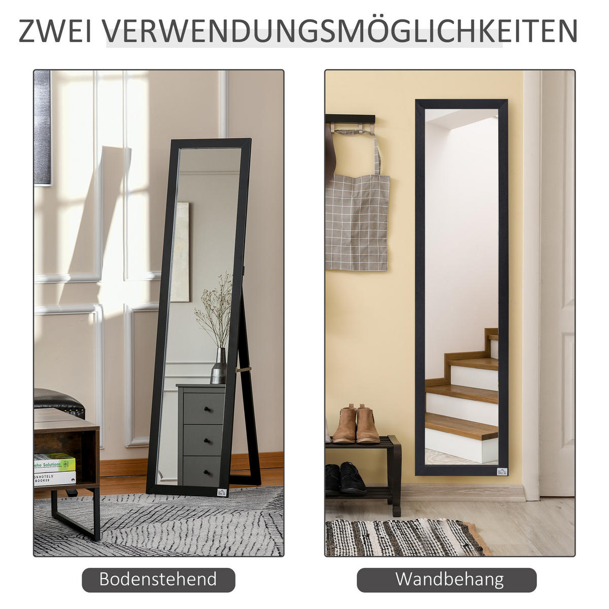 GANZKÖRPERSPIEGEL, 154 x 37 cm Wandspiegel mit Ständer, Schwarz - Schwarz, Holzwerkstoff (37/154/37cm) - HOMCOM