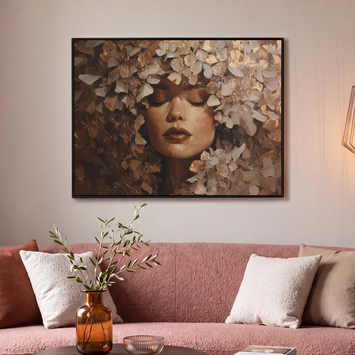 LEINWAND Bilder mit Rahmen - Gesicht - Dame - Blätter - Pinselstriche - 100x70 - Goldfarben, Textil (100/70cm) - MuchoWow