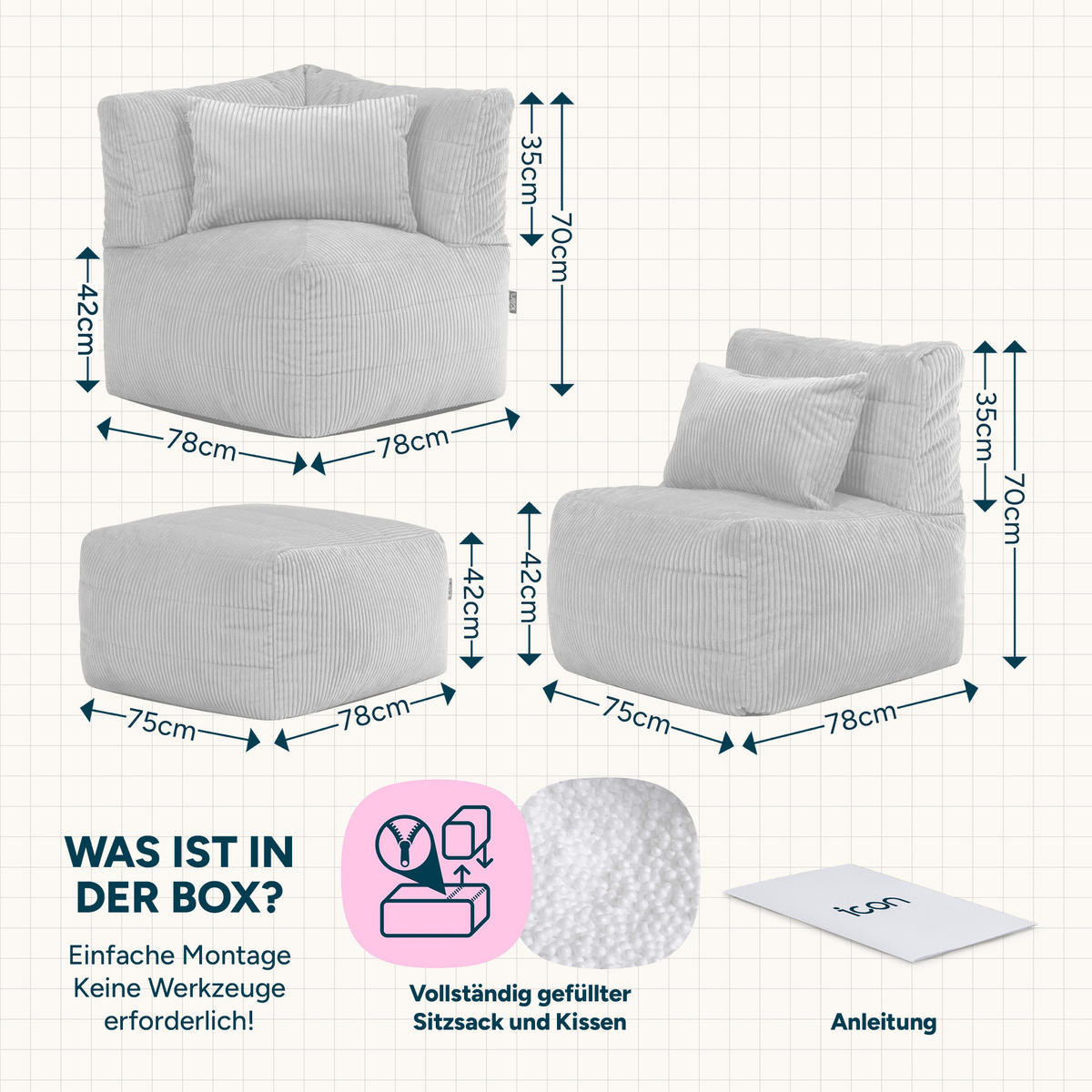 SITZSACK-SOFA 4-tlg. modular cord Noa - Beige, Textil (303/70/78cm) - icon