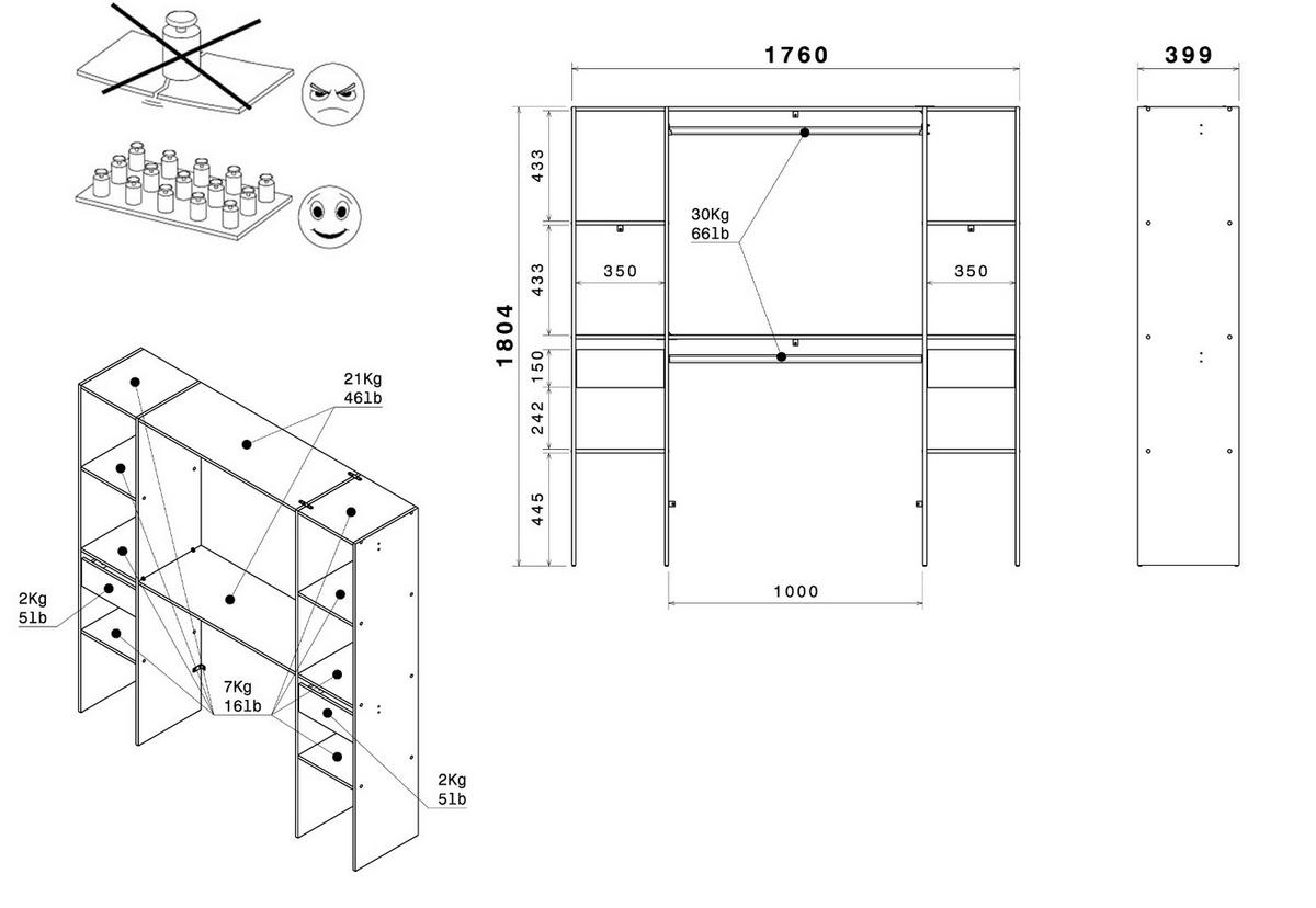 KLEIDERSCHRANK weiß 176 cm, Mehrzweckschrank mit Kleiderstangen - Weiß, Holzwerkstoff/Metall (176/180/40cm) - Parisot Meuble