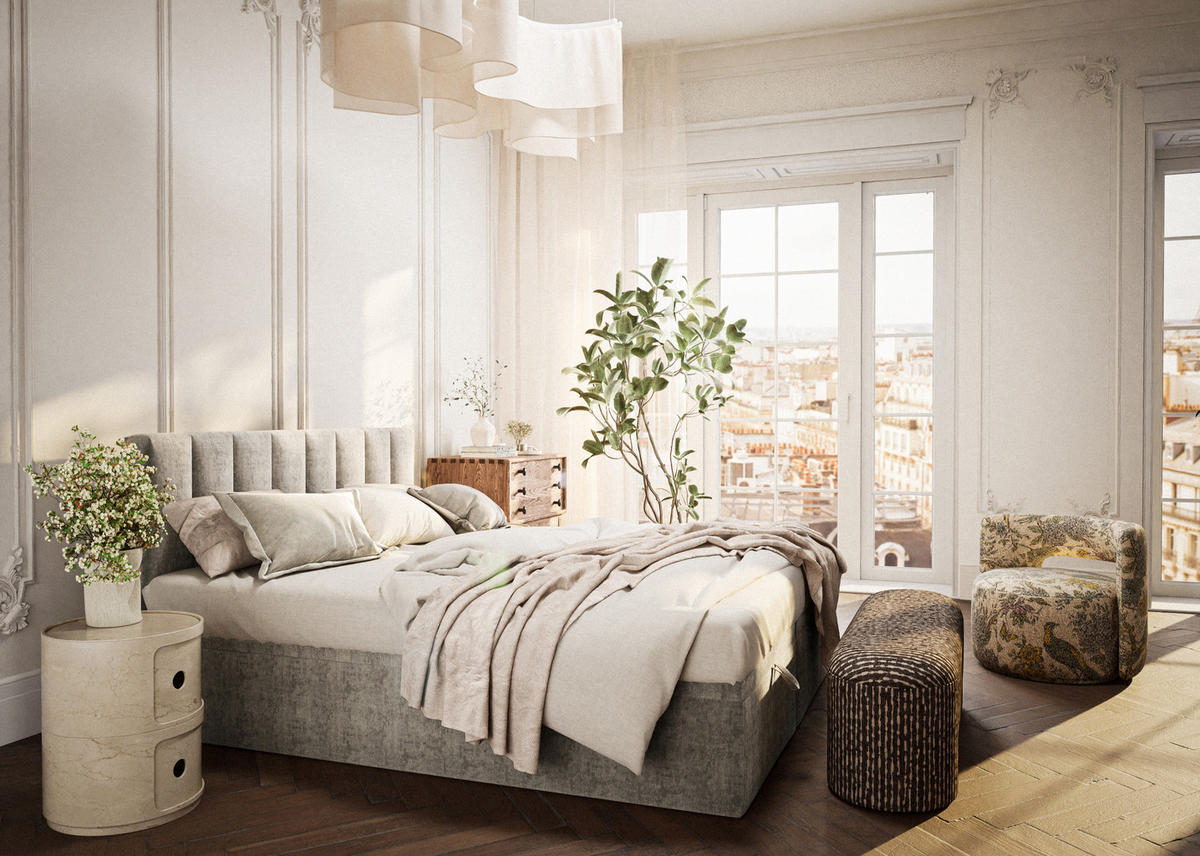 BOXBETT 200/200 cm Lovage S, in Beige, Matratze, gepolstertes Kopfteil, Bettkasten, H3 = fest - Beige/Schwarz, Holz/Holzwerkstoff (200/200cm) - Maison de Reve