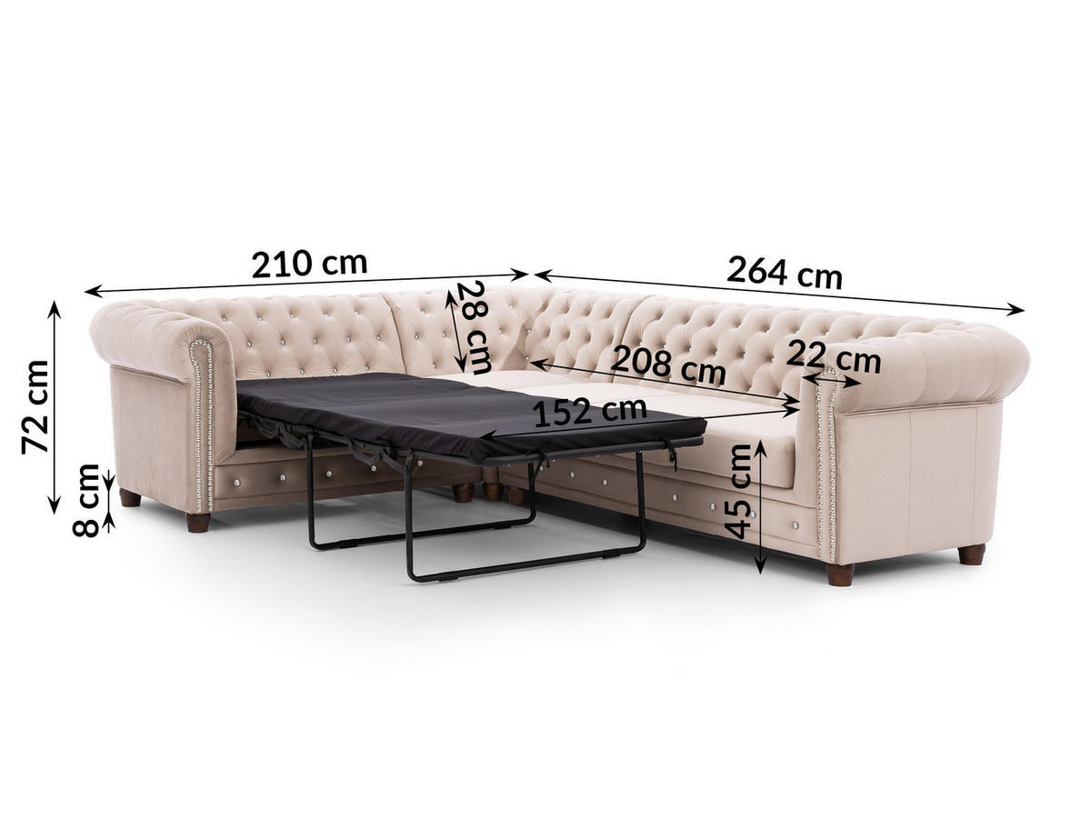 ECKSOFA mit Schlaffunktion Chesterfield Beige Samt mit Kristallsteppung und braunen Massivholzfüßen - Ottomane Links - Beige/Braun, Holz/Textil (264/210cm) - S-Style Möbel