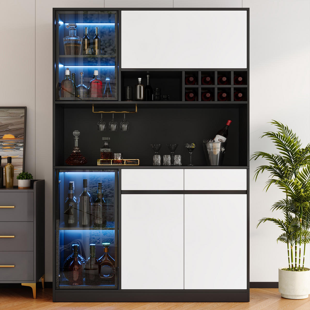 HOCHSCHRANK mit LED, Türen und Schubladen - Schwarz/Weiß, Holzwerkstoff (120/180/35cm) - FLIEKS