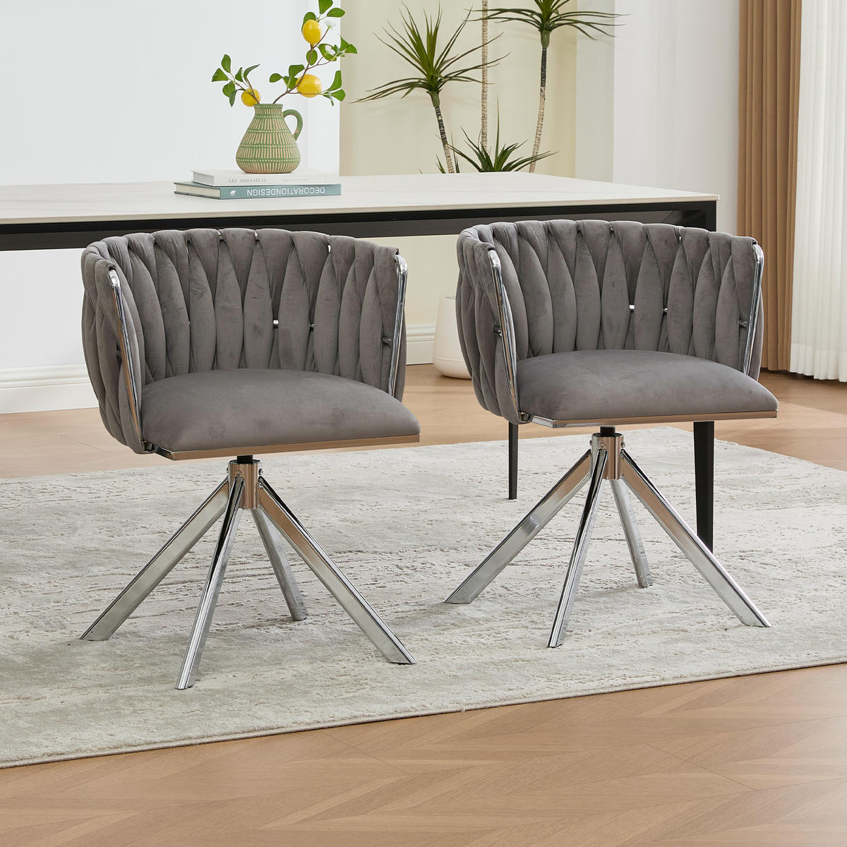 ARMLEHNSTUHL(SET à 2 Stück) mit Metallgestell - ergonomische Rückenlehne und 180° Schwenkfunktion - Hellgrau - Hellgrau, Textil/Metall (50/70/56cm) - KOMHTOM