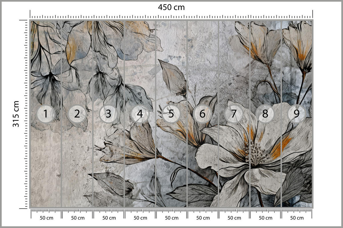 FOTOTAPETE für Büro Blumen Blätter Betongrund Vintage Pflanzen 450x315 - Grau, Papier (450/315cm) - Muralo