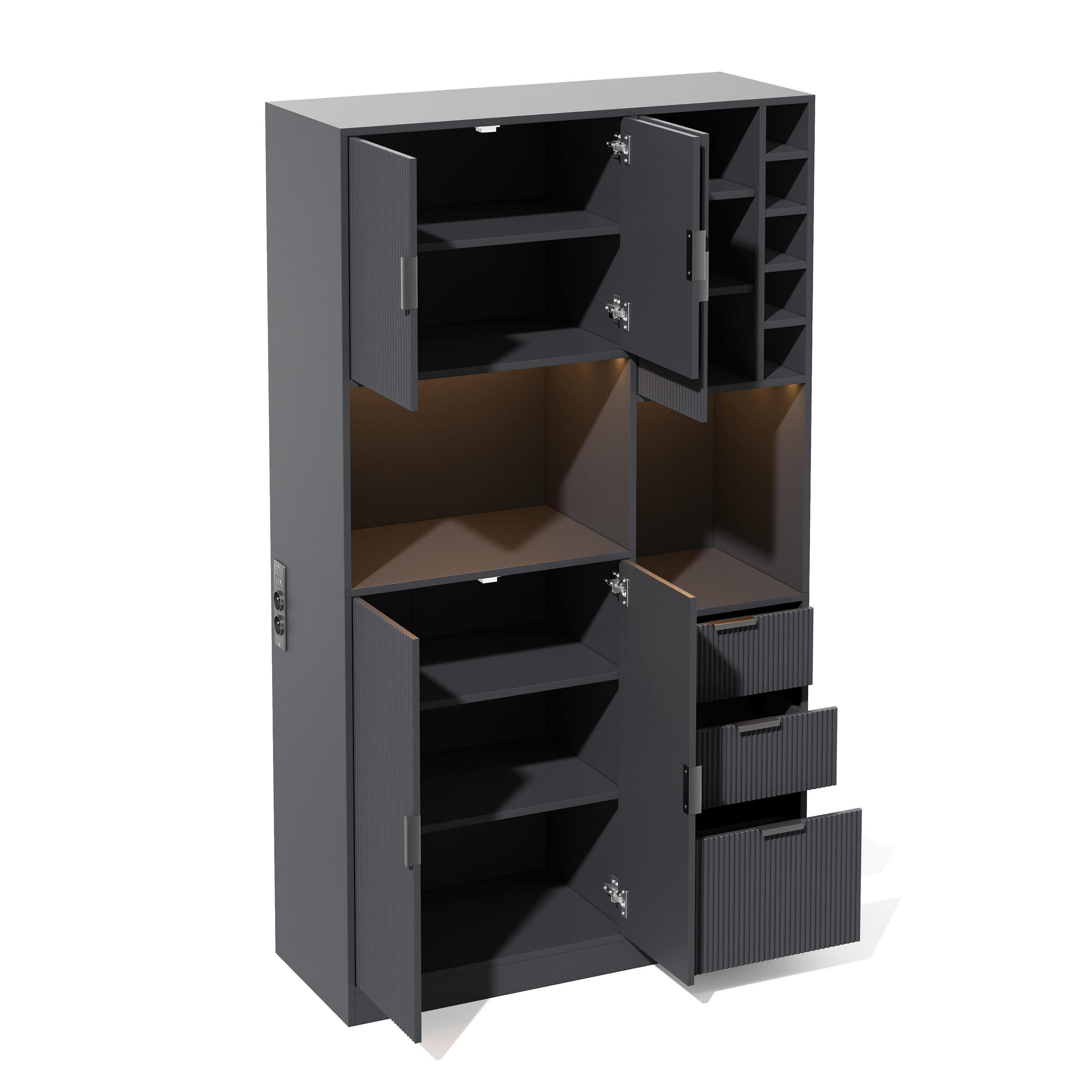 BUFFET 105/40/180 cm Schwarz mit 3 Schubladen, Weinregal und farbwechselnder LED-Beleuchtung - Schwarz, Holz (105/180/40cm) - Oxeza
