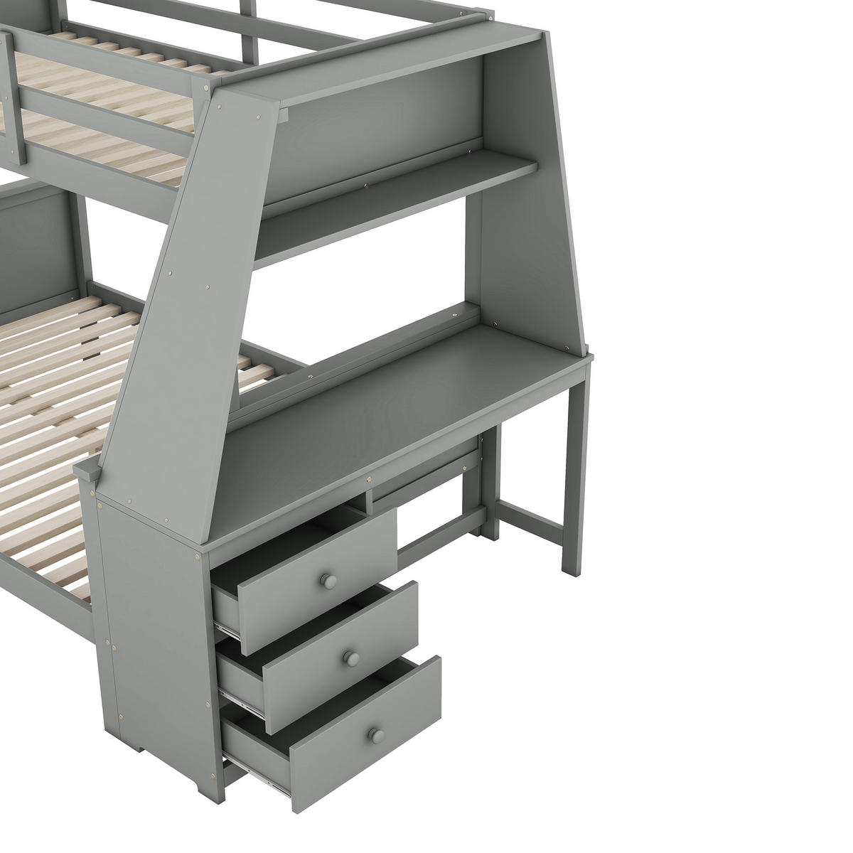 ETAGENBETT mit Schreibtisch Bücherregal Schubladen und Geländer 90/200 cm + 140/200 cm Grau - Grau, Holz (140/200cm) - OKWISH
