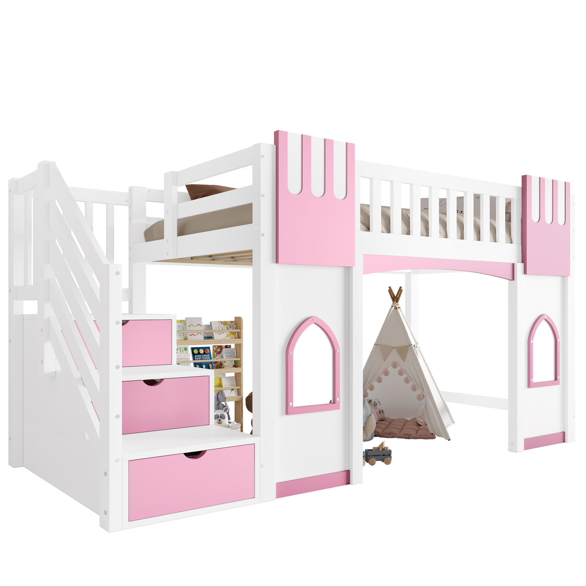 HOCHBETT 90/200 cm, Weiß/Rosa mit Stauraumtreppe und 2 Fenstern - Weiß, Holz (90/200cm) - MIVRAY