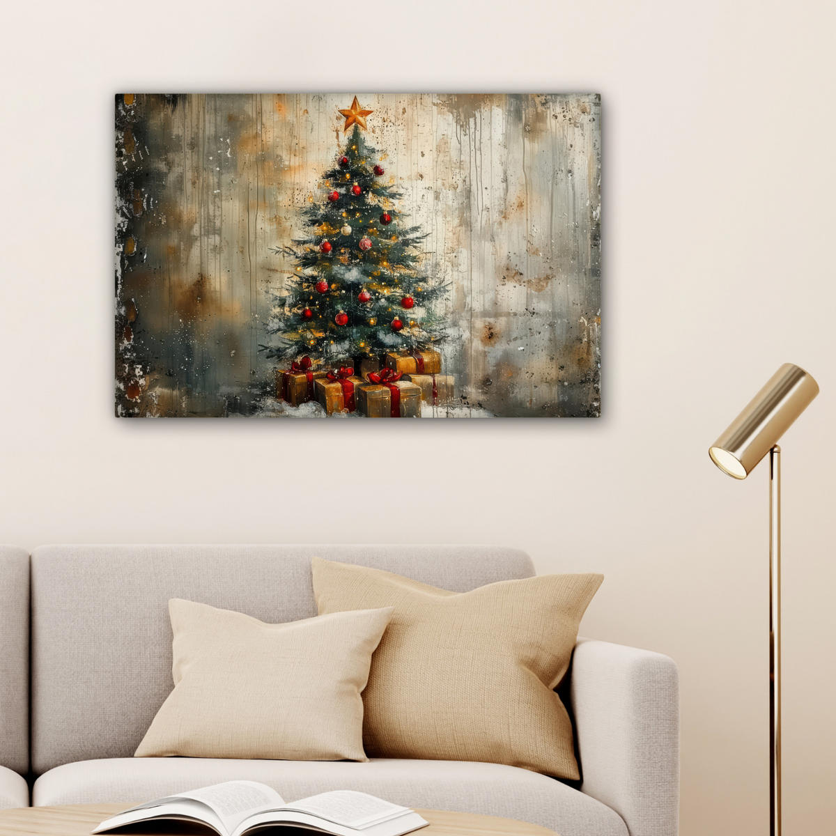 LEINWANDBILD Weihnachtsbaum - Vintage - Weihnachten - Geschenk Gemälde 60x40 cm - Rostfarben, Textil (60/40cm) - MuchoWow