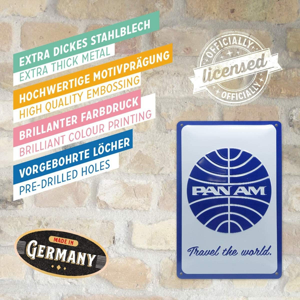 BLECHSCHILD 20/30 cm Pan Am Travel the World Logo White - Multicolor, Metall (20/30/0.2cm) - Nostalgic-Art