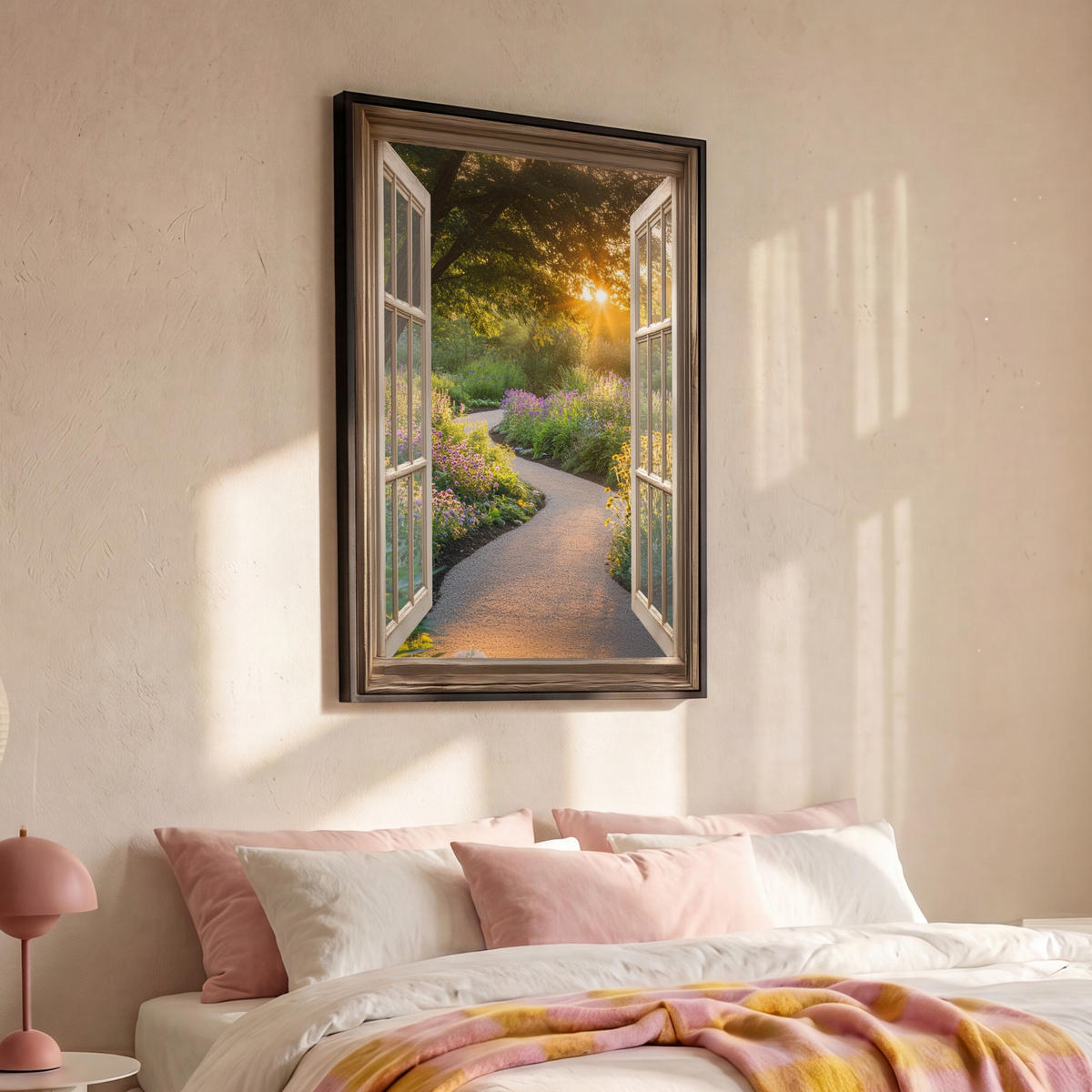 LEINWAND Bilder mit Rahmen - Aussicht - Blumen - Natur - Sonne - Weg - 100x150 - Hellgelb, Textil (100/150cm) - MuchoWow