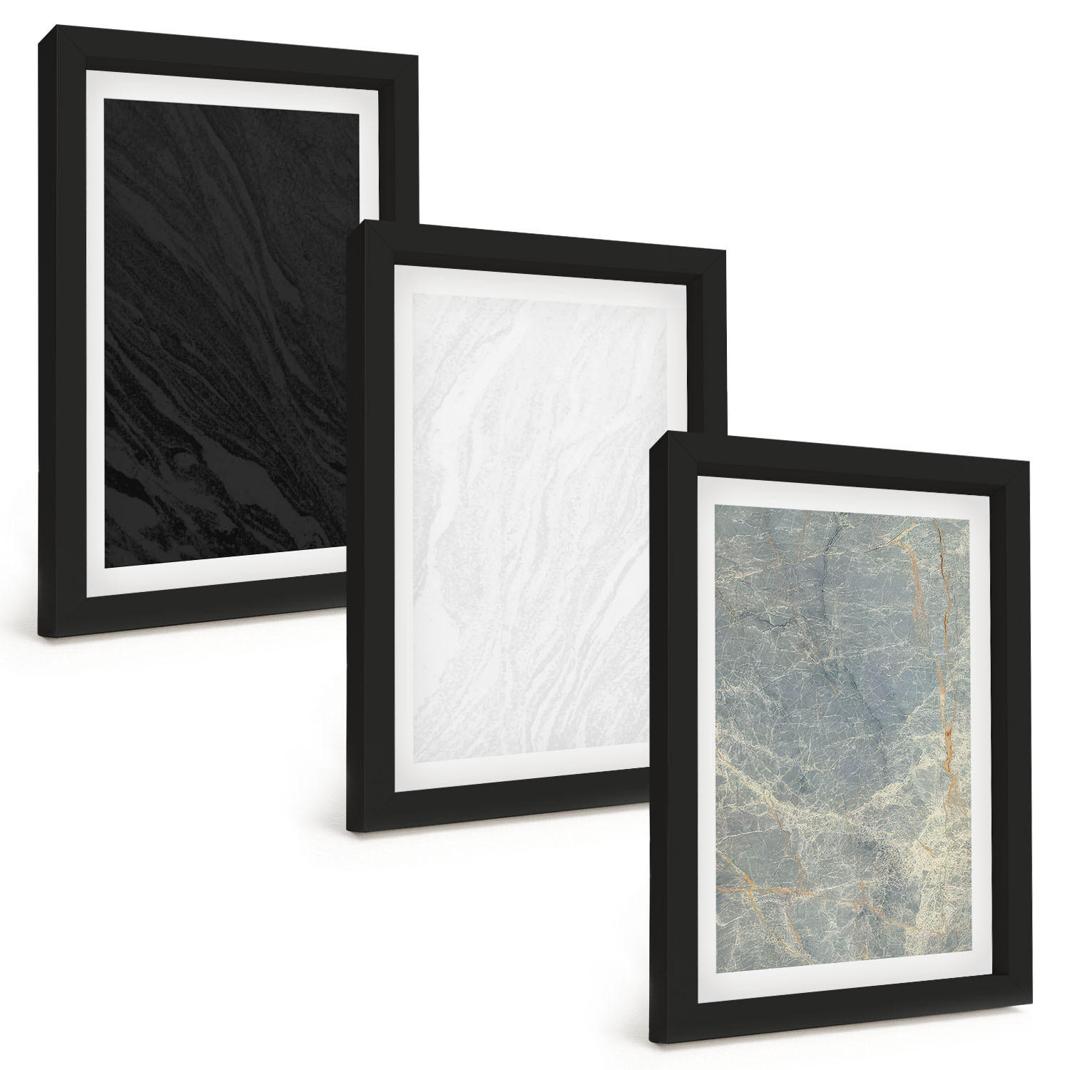 BILDER SET 3er Set - 20x30 cm Schwarzer Rahmen - Die Farben eleganter Steinstrukturen - Schwarz, Kunststoff (20/30cm) - TULUP