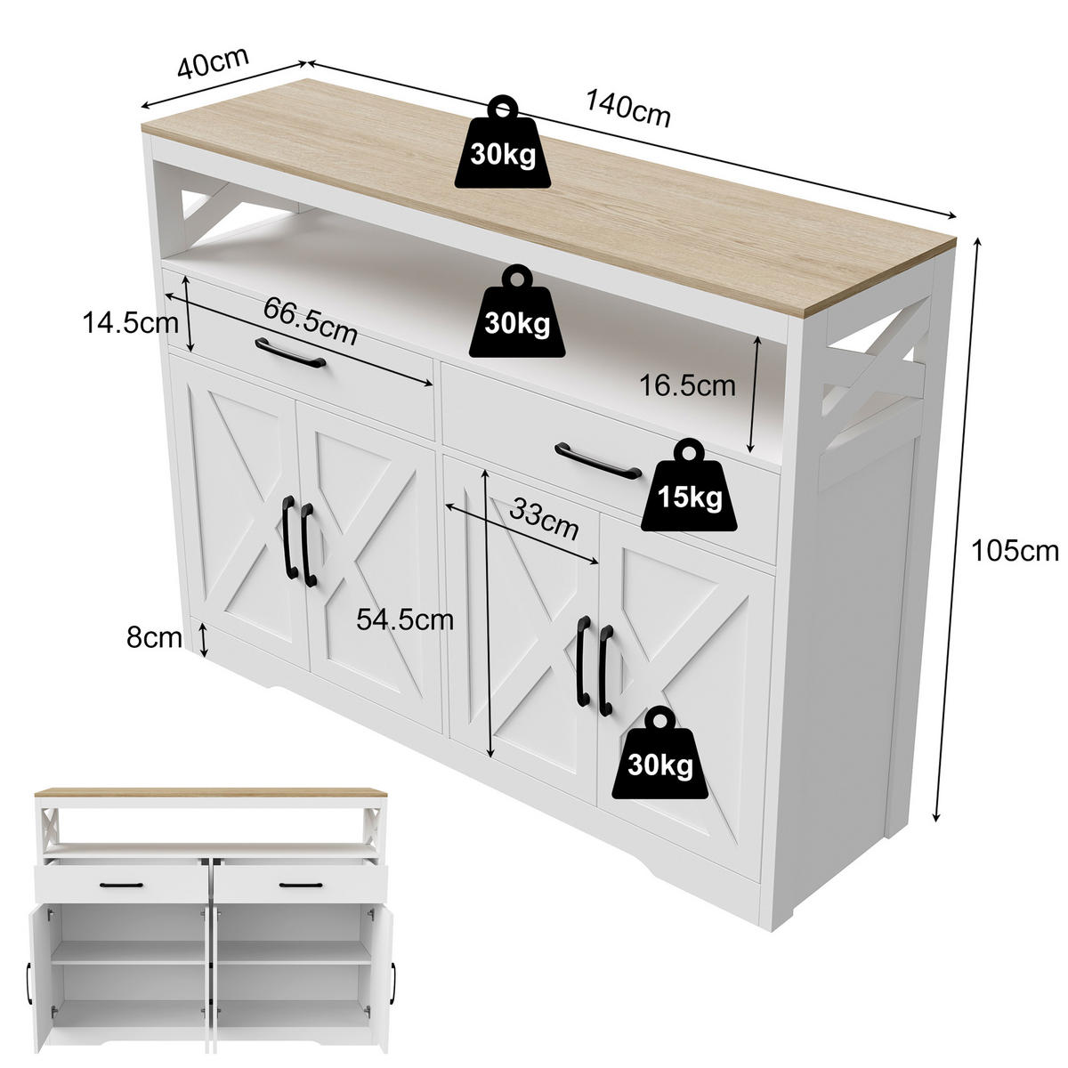 SIDEBOARD Modern mit 4 Türen & 2 Schubladen 140/40/105 cm Weiß/Eiche - Weiß, Holzwerkstoff (140/105/40cm) - Creahappy