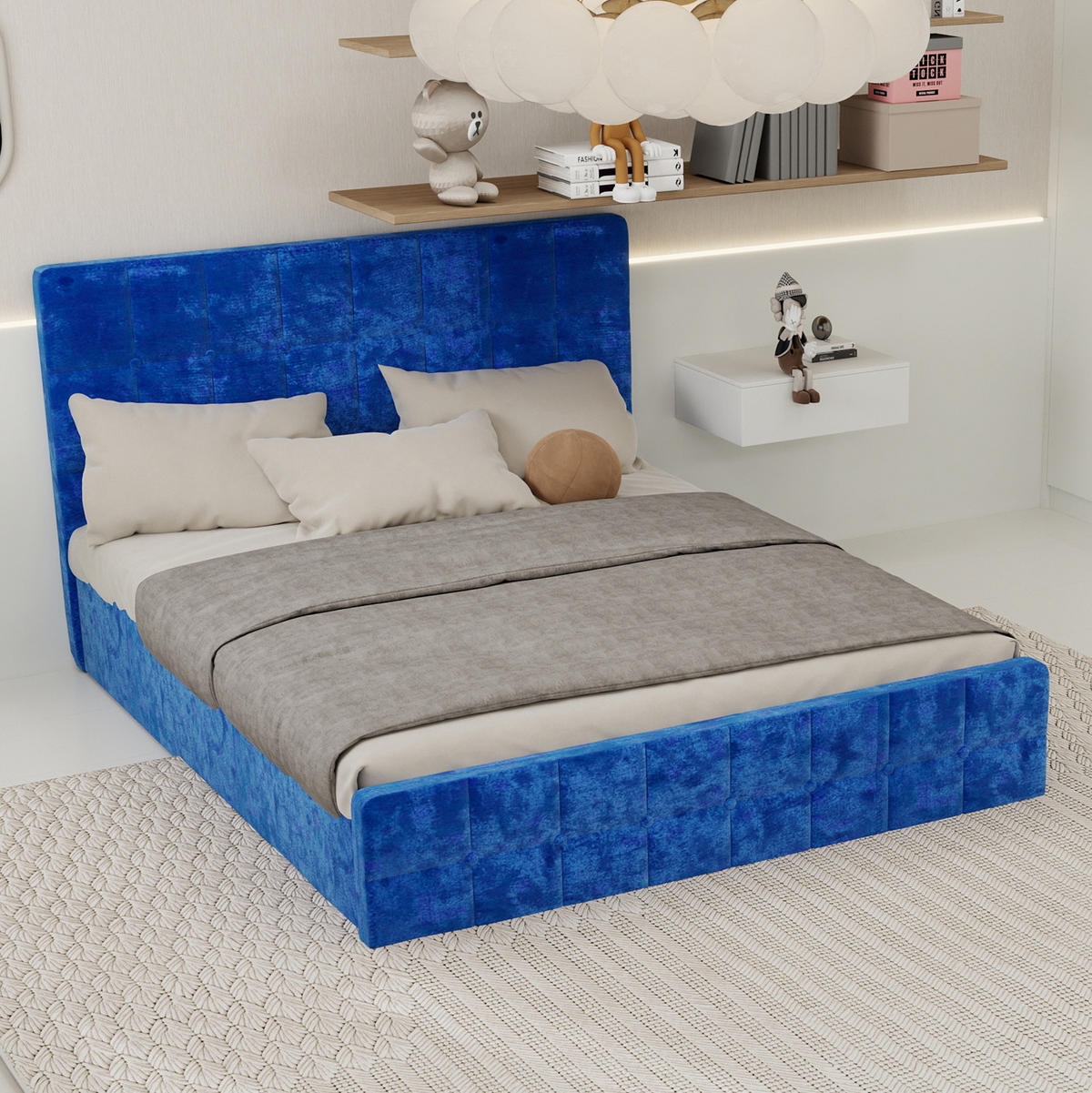 POLSTERBETT 160/200 cm mit gepolstertem Kopfteil und Flanellbezug in Samtoptik, Blau - Blau, Textil (160/200cm) - Redom