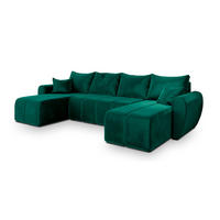 WOHNLANDSCHAFT MADISON U Grün Plüsch-Stoff mit Schlaffunktion - Grün, Holz (311/82/145cm) - MASSENO