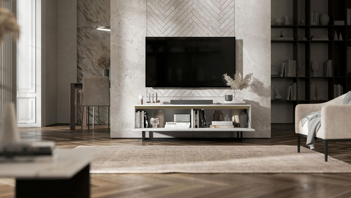 TV-SCHRANK Selene Weiß Matt mit Metallrahmen 140 cm - Schwarz/Weiß, Holzwerkstoff/Metall (140/44/35cm) - Meble Lindner
